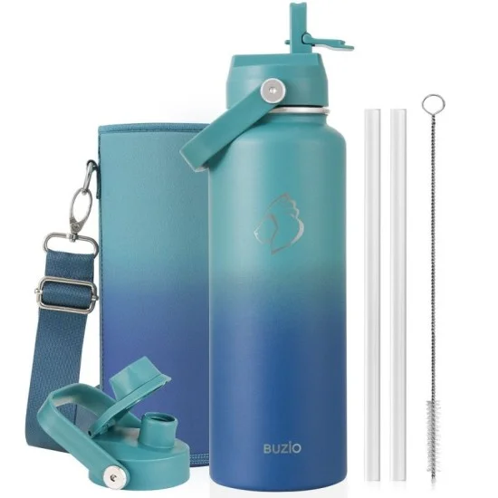Buzio Duet Series Water Bottle with 2 Lids and Sleeve 1.2L - Cyan Blue